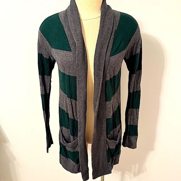 Gap Green & Grey Striped Draped Open Front Long Duster Cardigan Size Small - Picture 2 of 6
